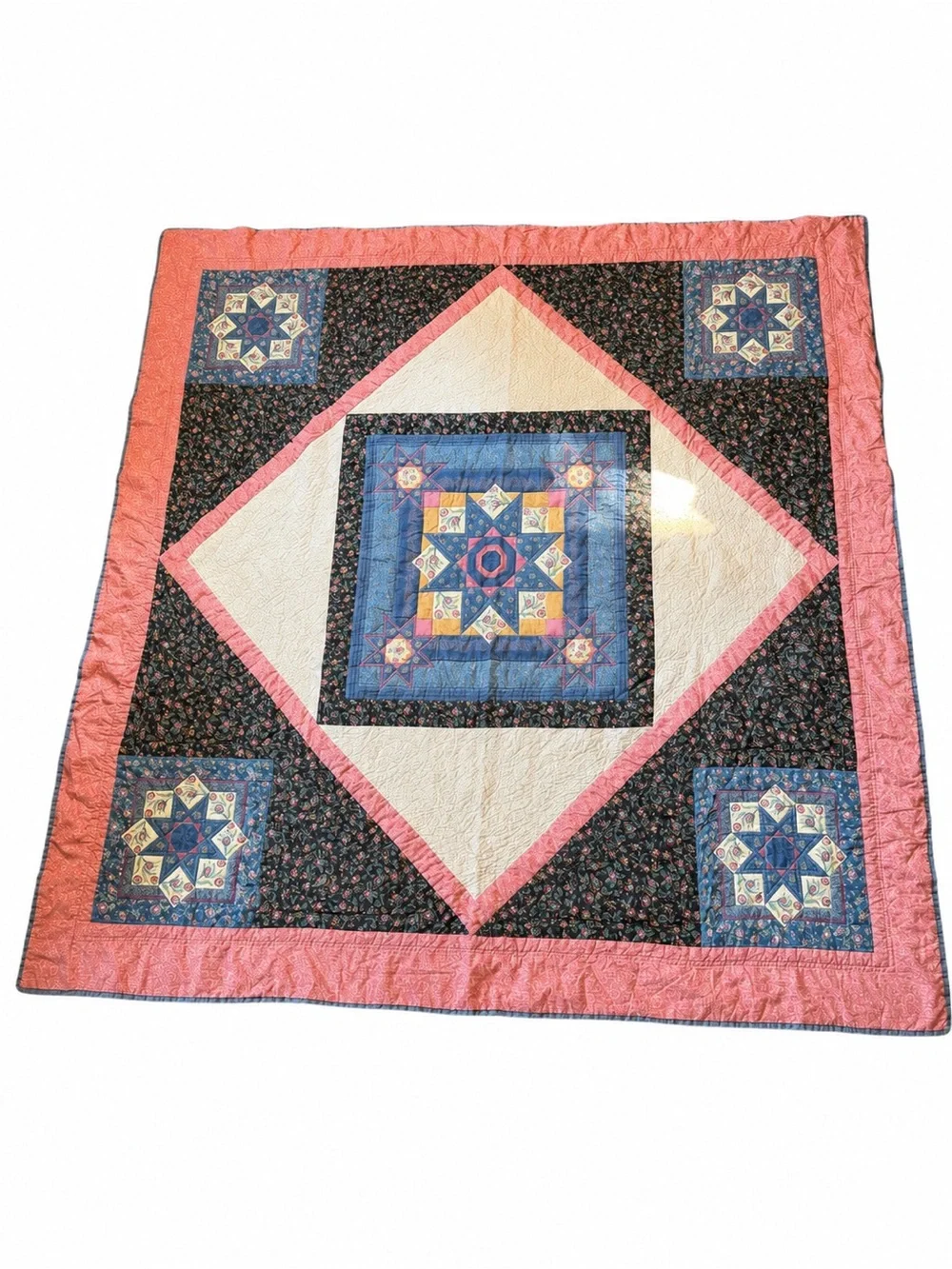 Handmade Star Patchwork Quilt in Pink, Blue, and Cream